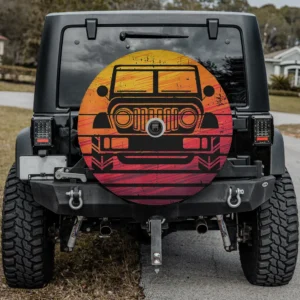 Vintage retro sunset Jeep grille off road spare tire cover with camera hole