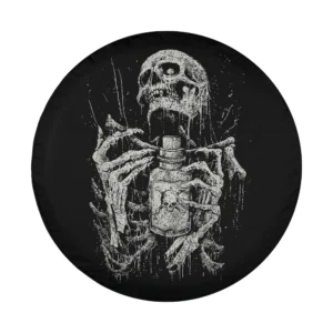 Hand-drawn vintage skeleton holding potion bottle Halloween tire cover art