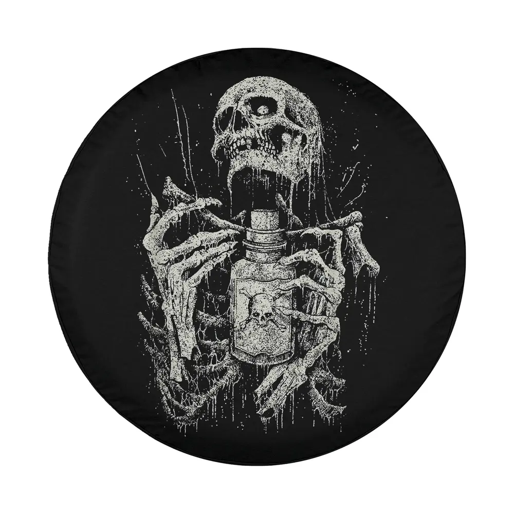 Hand-drawn vintage skeleton holding potion bottle Halloween tire cover art