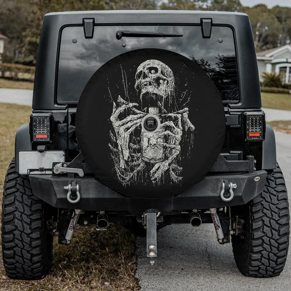 Vintage skeleton potion bottle Halloween spare tire cover with backup camera hole for Jeep and SUV