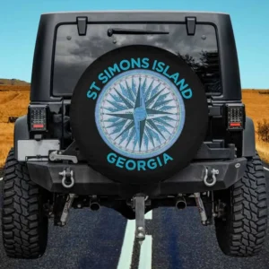 Vintage St Simons Island compass Georgia spare tire cover with bold blue text and retro compass rose design, no camera h