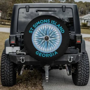 Vintage St Simons Island compass Georgia spare tire cover with camera hole, blue compass rose and Georgia lettering