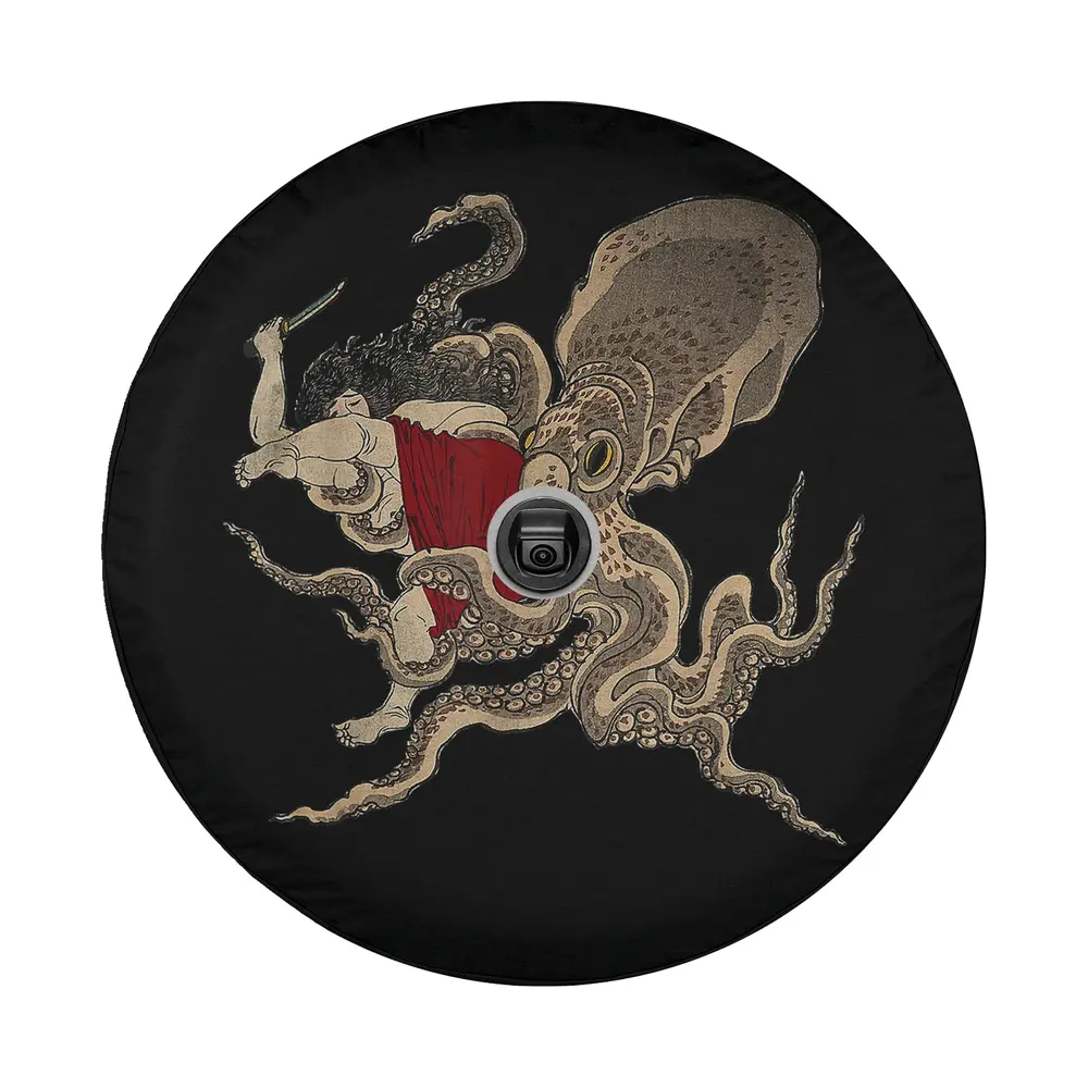 Octopus and woman in red dress vintage tattoo art design for tire cover
