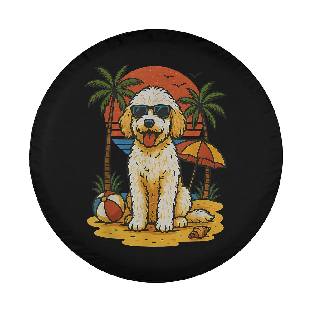 Retro dog on tropical beach with palm trees, sunset, umbrella, and beach ball illustration