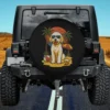 Vintage tropical palm dog retro beach spare tire cover with dog, palm trees, sunset, umbrella, and beach ball