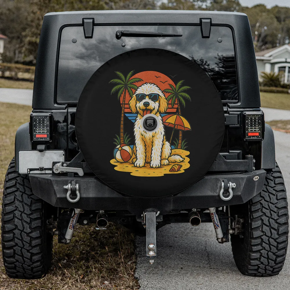 Vintage tropical palm dog retro beach spare tire cover with camera hole, dog, palm trees, sunset, umbrella