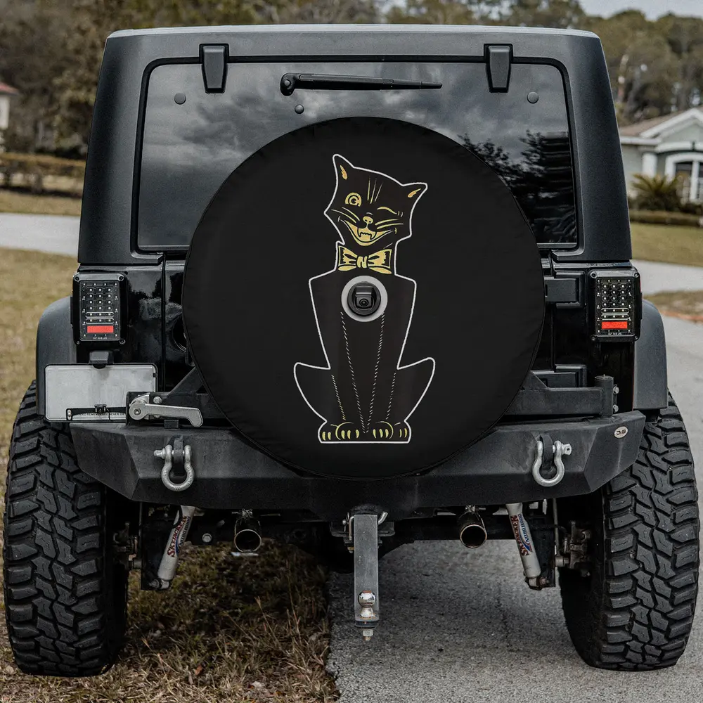 vintage winking cartoon cat bow tie halloween spare tire cover with camera hole