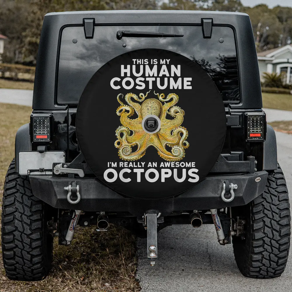 vintage yellow octopus human costume text spare tire cover with camera hole
