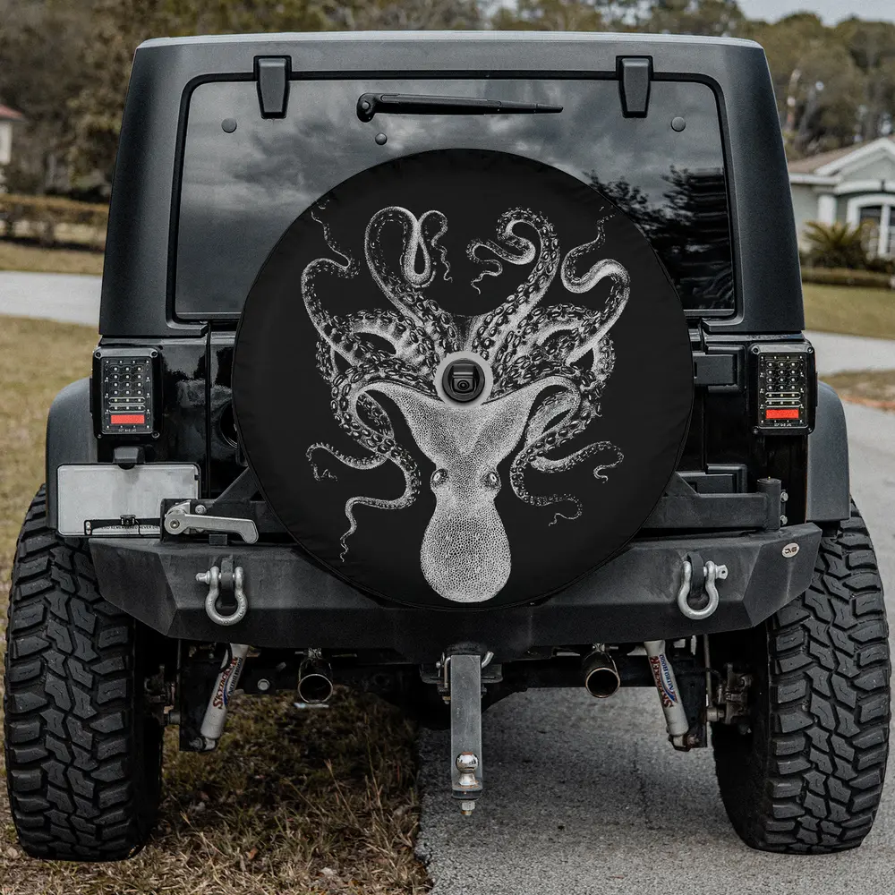 vintage zoology teuthology octopus scientific illustration spare tire cover with camera hole