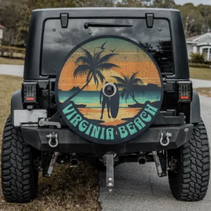 Sunset palm trees surfer Virginia Beach spare tire cover with camera hole