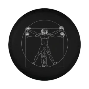 Da Vinci Vitruvian Man line art design for spare tire cover black background