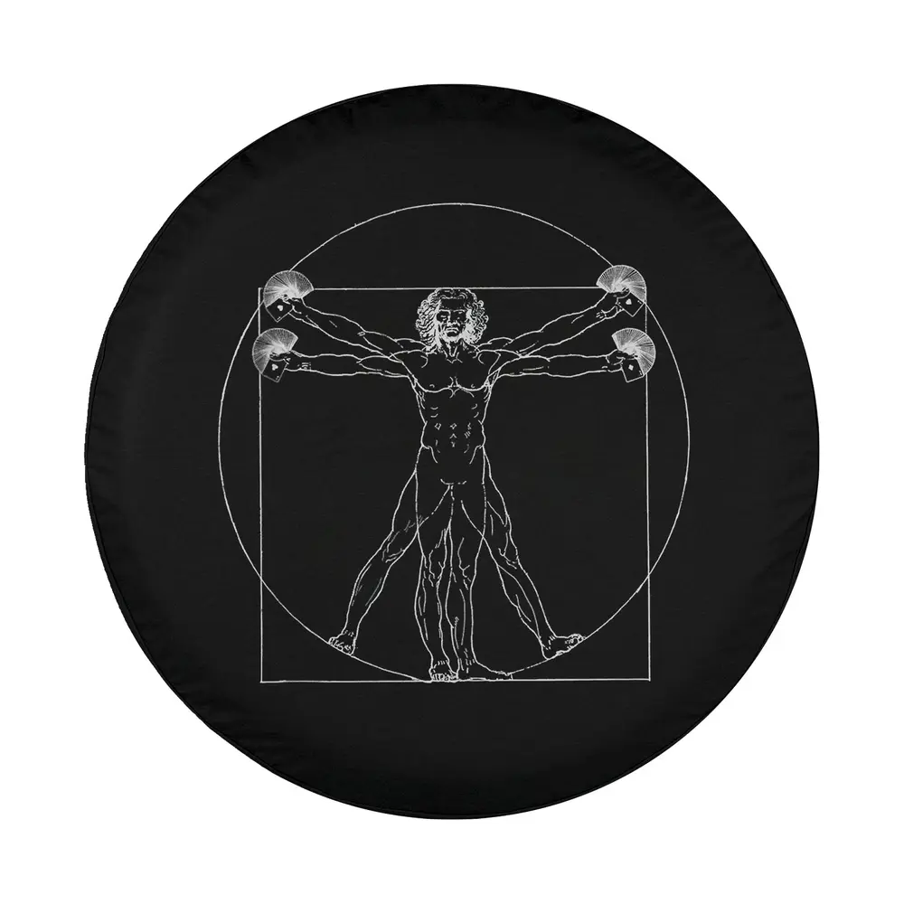 Da Vinci Vitruvian Man line art design for spare tire cover black background