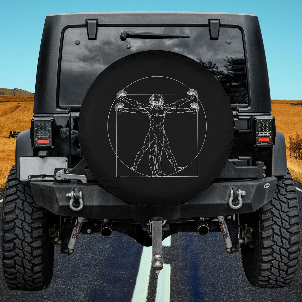 Vitruvian Man Da Vinci line art spare tire cover on Jeep with no camera hole