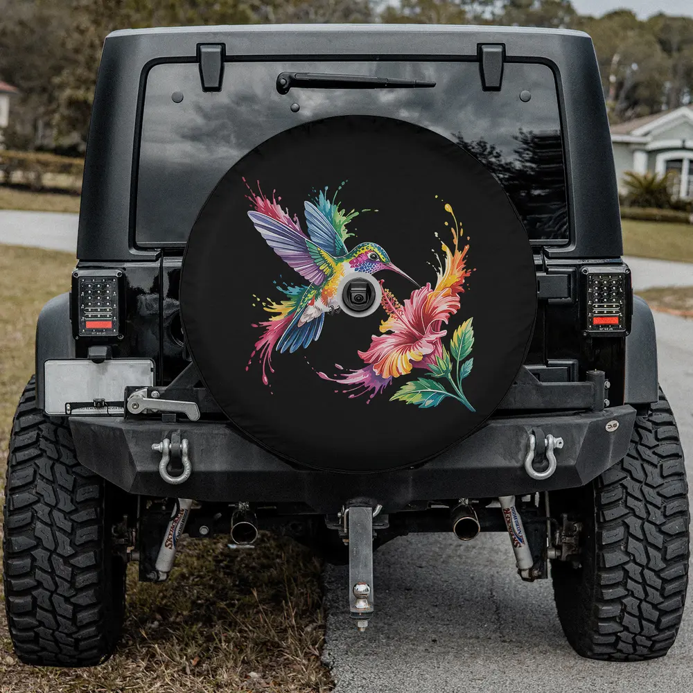 Vivid hummingbird and tropical flower animal lover spare tire cover with camera hole option