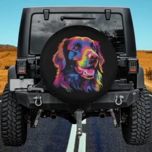 Watercolor colorful flat coated retriever dog spare tire cover on Jeep with vivid pop art style