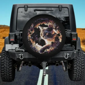 Watercolor galaxy cat universe space cat spare tire cover with no camera hole for Jeep, SUV, RV