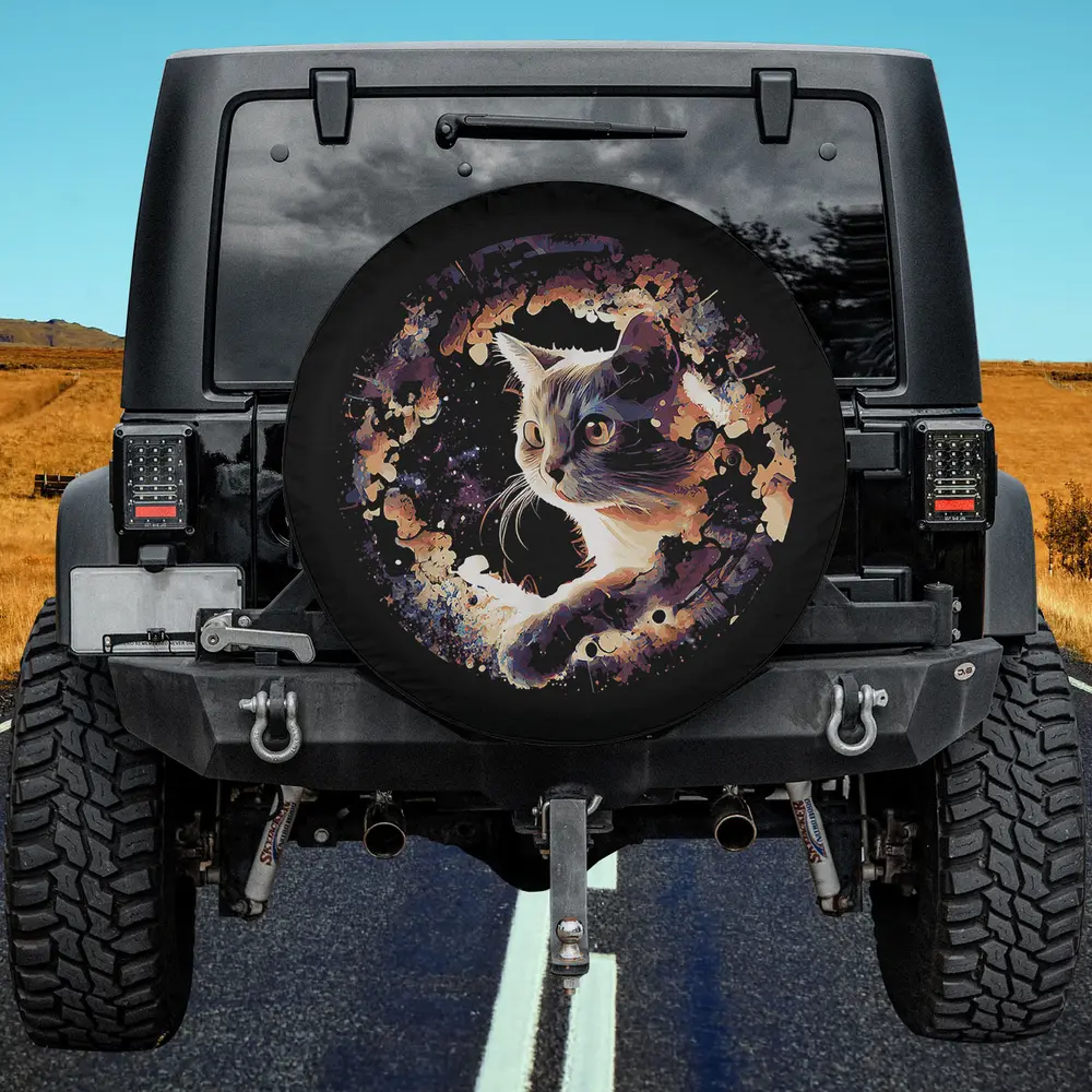 Watercolor galaxy cat universe space cat spare tire cover with no camera hole for Jeep, SUV, RV