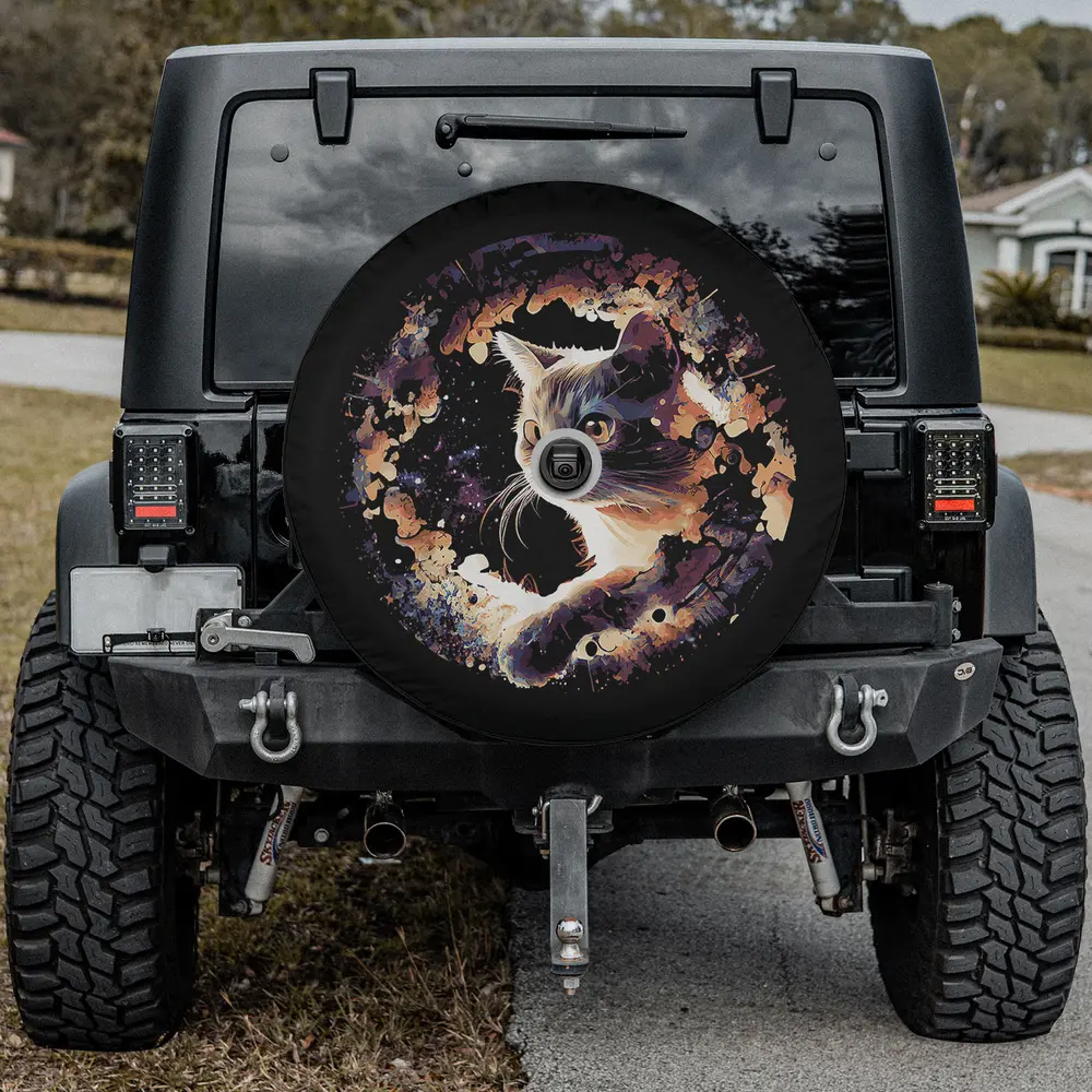 Watercolor galaxy cat universe space cat spare tire cover with backup camera hole for Jeep, SUV, RV