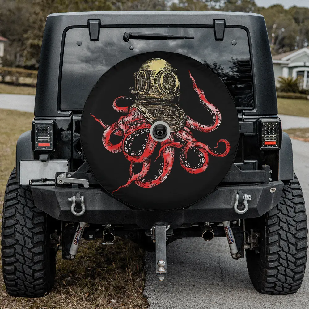Watercolor octopus diver helmet ocean animals spare tire cover with backup camera hole
