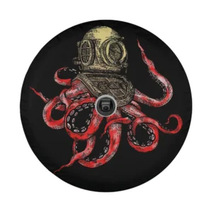 Red octopus and vintage diver helmet watercolor ocean animals tire cover design
