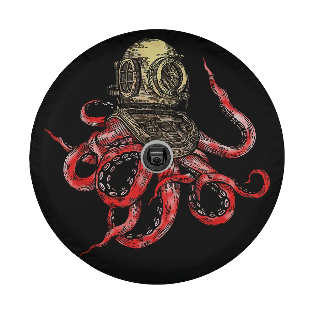 Red octopus and vintage diver helmet watercolor ocean animals tire cover design