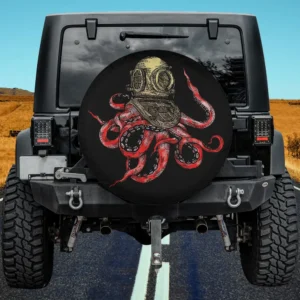 Watercolor octopus with vintage diver helmet ocean animals spare tire cover no camera hole