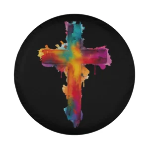Watercolor rainbow cross Christian religious design on spare tire cover