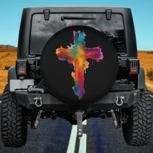 Watercolor rainbow cross Christian religious spare tire cover no camera hole for Jeep