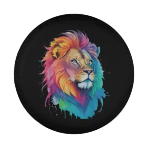 Bold watercolor rainbow mane lion wild cat art for tire cover