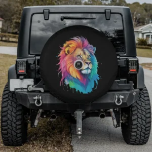 Watercolor rainbow mane lion wild cat spare tire cover with camera hole option