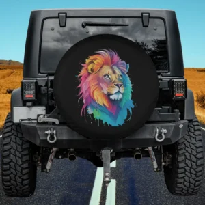 Watercolor rainbow mane lion wild cat spare tire cover for Jeep SUV RV