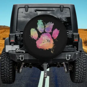 Watercolor rainbow paw print animal lover spare tire cover with no camera hole