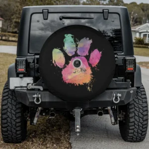 Watercolor rainbow paw print animal lover spare tire cover with camera hole option