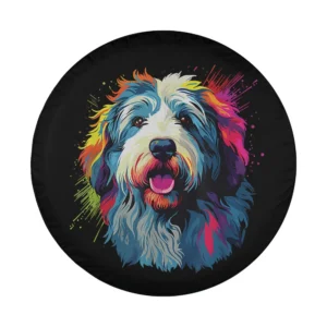 Watercolor splash colorful Old English Sheepdog art design for spare tire cover