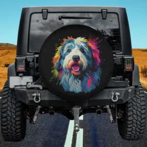 Watercolor splash colorful Old English Sheepdog spare tire cover with no camera hole for Jeep SUV RV