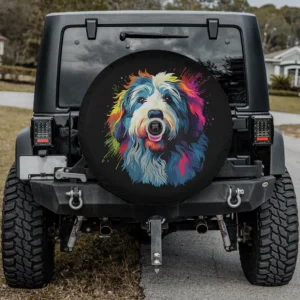 Watercolor splash colorful Old English Sheepdog spare tire cover with camera hole for Jeep SUV RV
