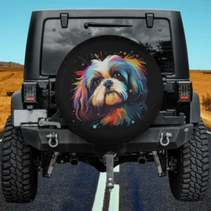 Watercolor splash Shih Tzu dog colorful spare tire cover on Jeep with no camera hole