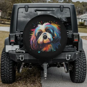 Watercolor splash Shih Tzu dog colorful spare tire cover with backup camera hole on SUV