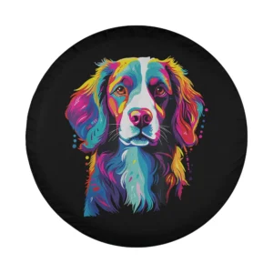 Vivid watercolor pop-art Brittany Spaniel dog illustration on spare tire cover