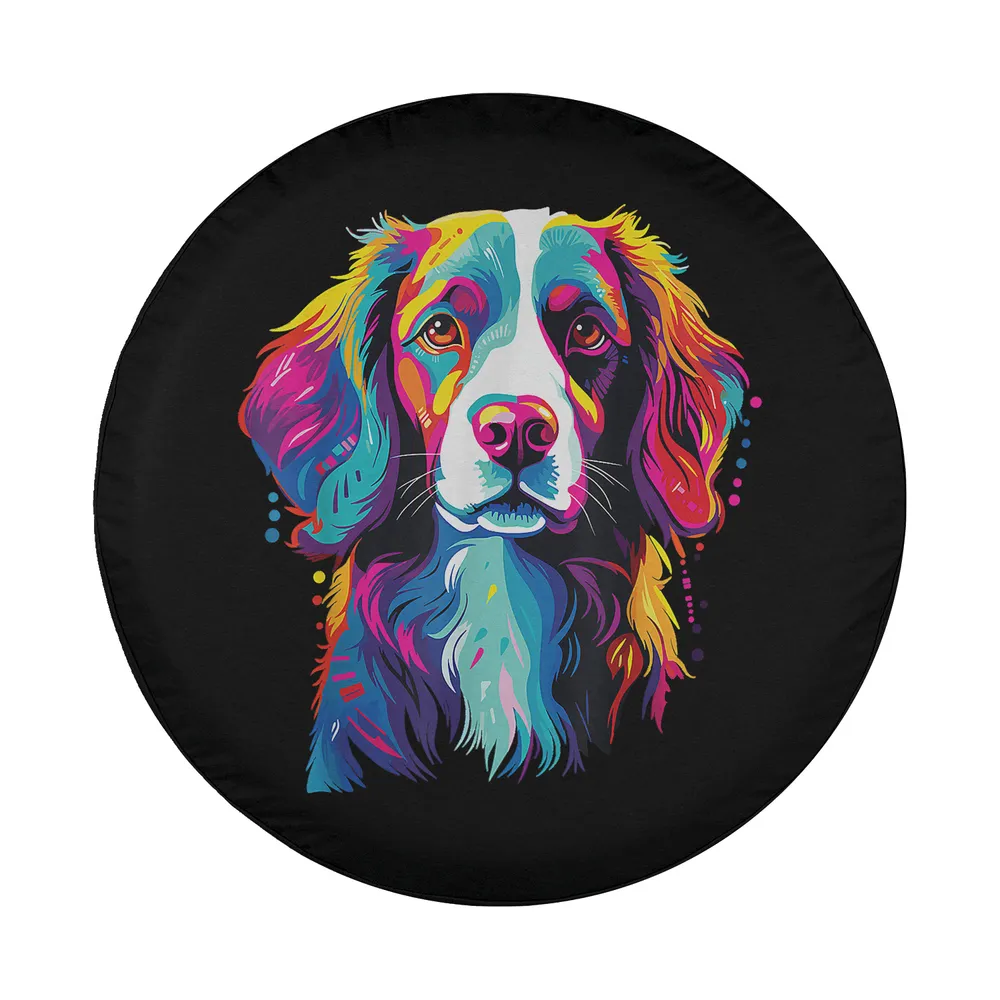 Vivid watercolor pop-art Brittany Spaniel dog illustration on spare tire cover