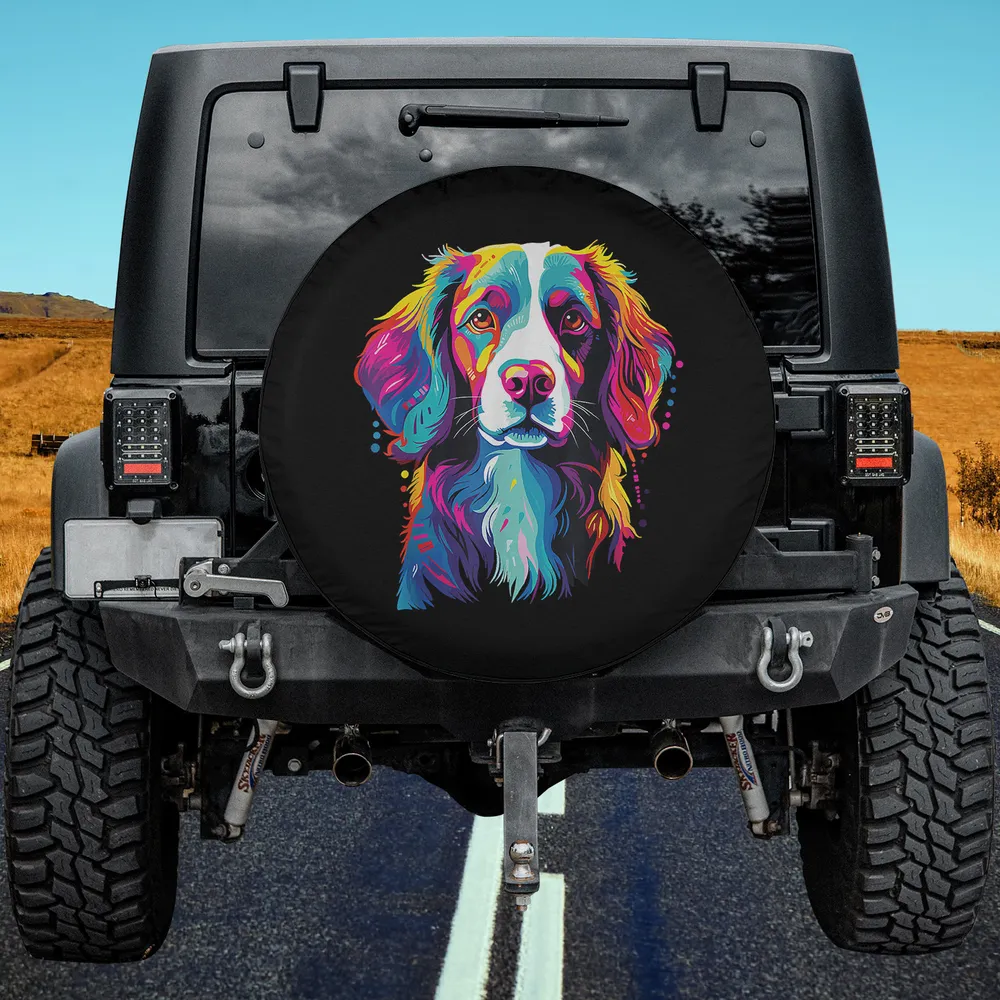 Watercolour colourful pop-art Brittany Spaniel dog spare tire cover on Jeep with no camera hole