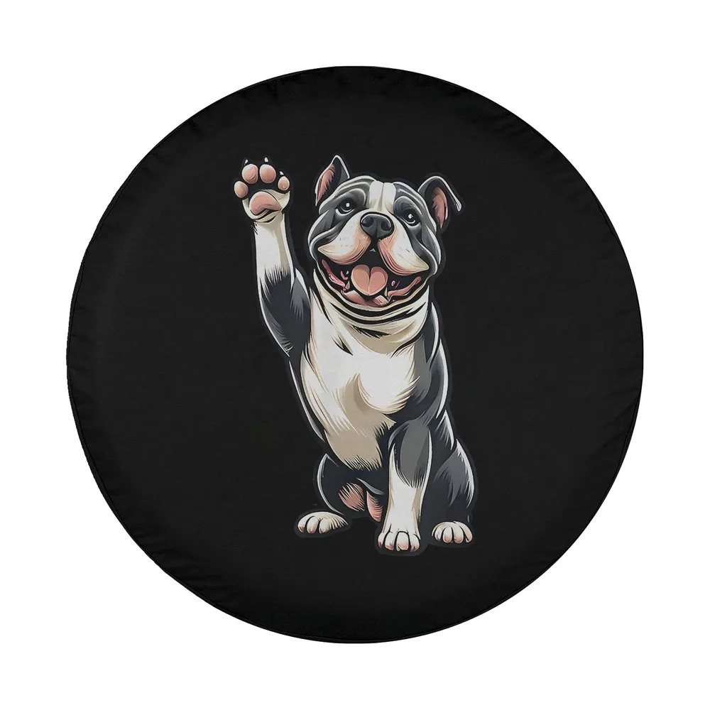Cartoon waving American Bully Pitbull smiling dog illustration design