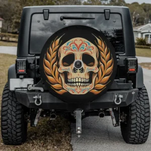 Wheat laurel sugar skull day of the dead spare tire cover with backup camera hole