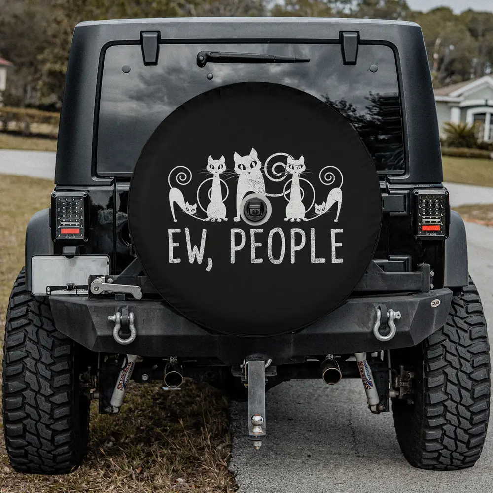 whimsical white cats ew people funny spare tire cover with backup camera hole for SUV