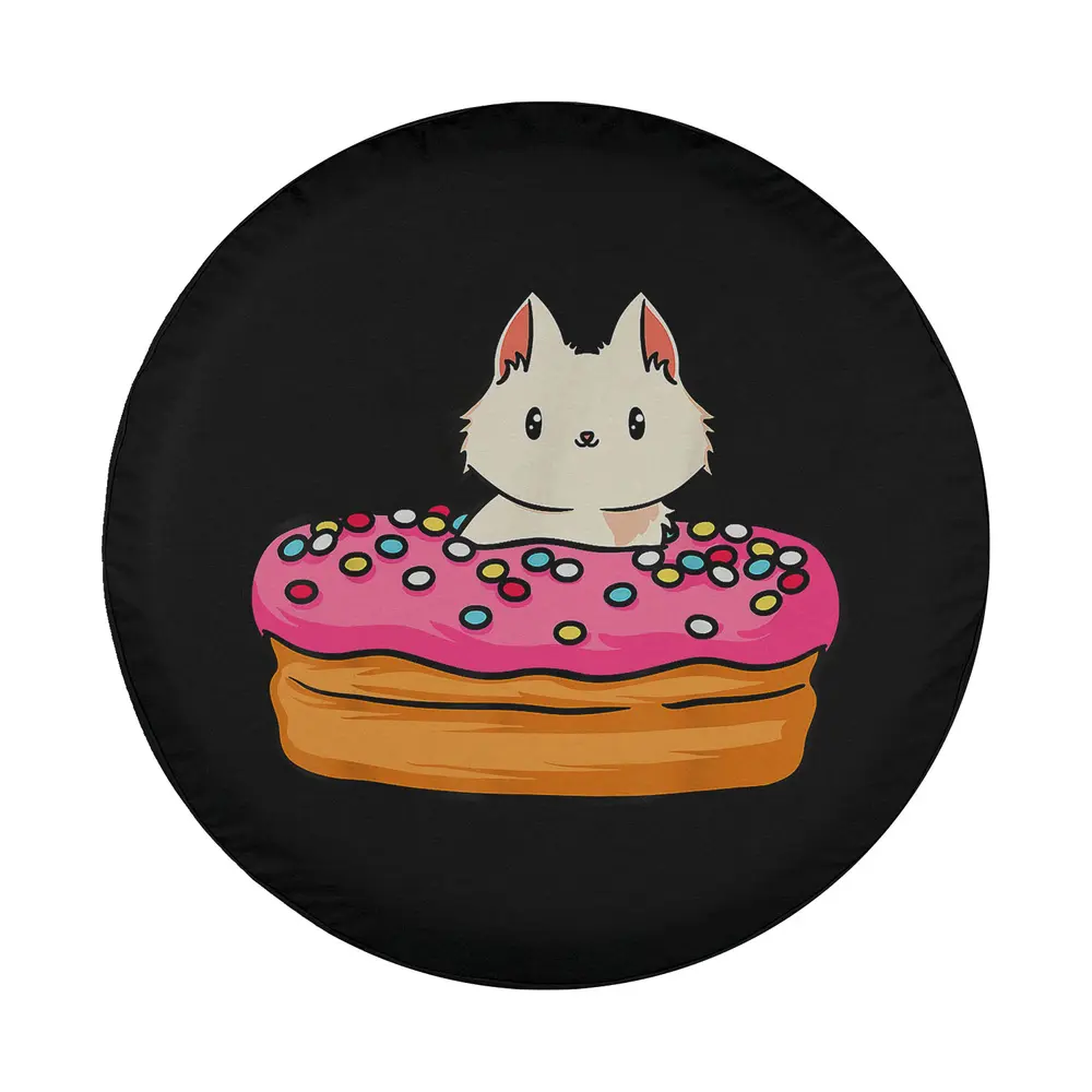 Cartoon white cat in pink donut with sprinkles spare tire cover design only