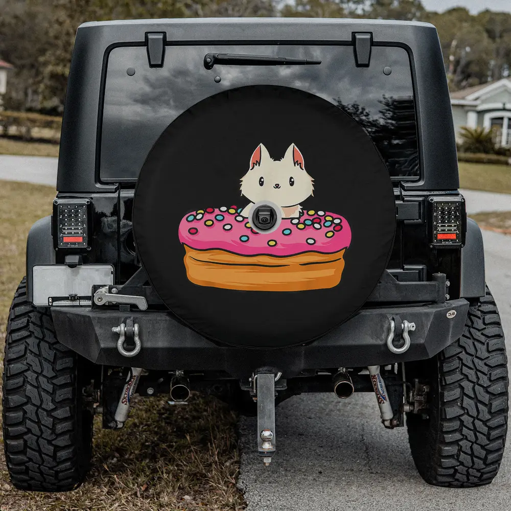 White cat pink donut sprinkles cat spare tire cover with camera hole for Jeep SUV RV
