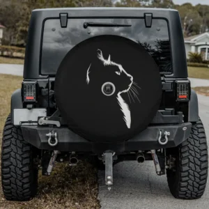 white cat silhouette minimalist illustration spare tire cover with camera hole
