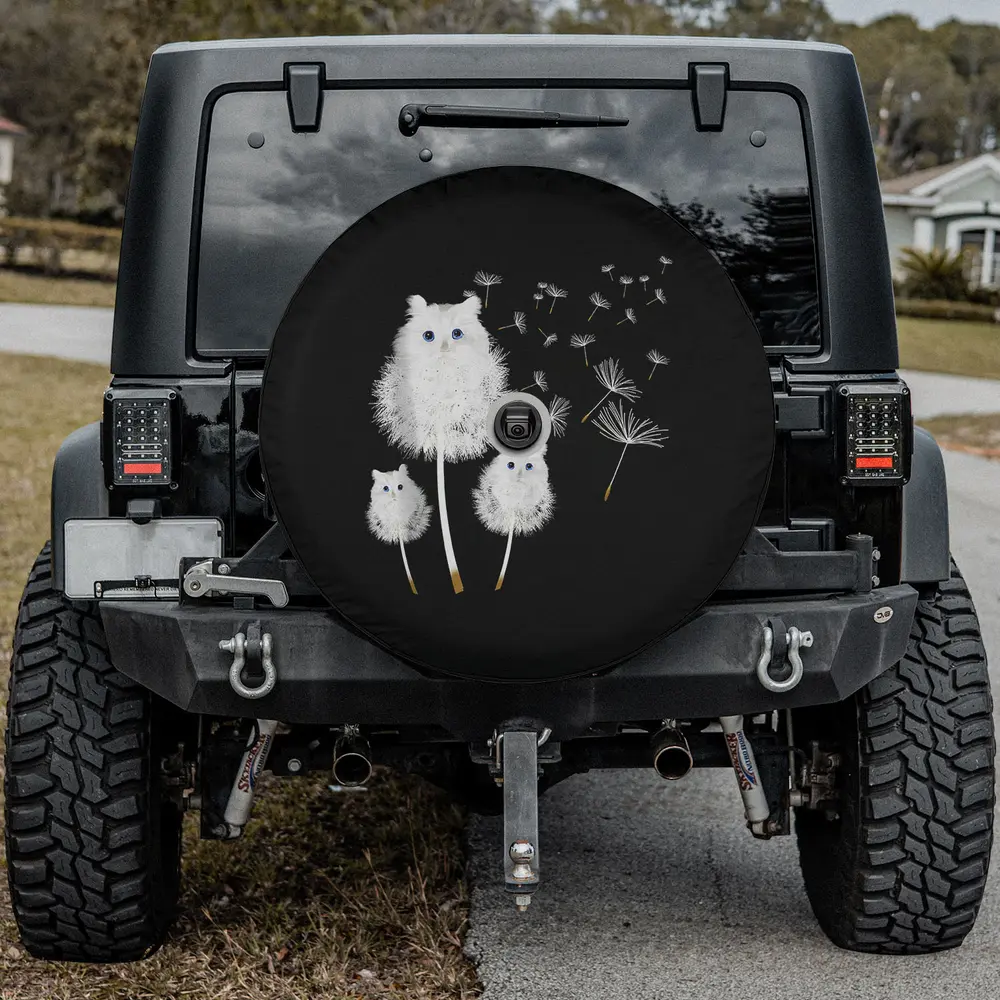 white dandelion cat blue eyes spare tire cover with camera hole for Jeep SUV RV