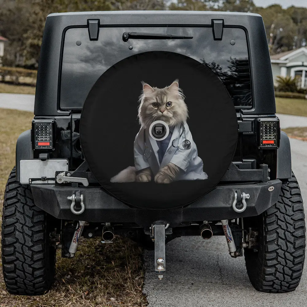 white fluffy cat doctor stethoscope spare tire cover with backup camera hole