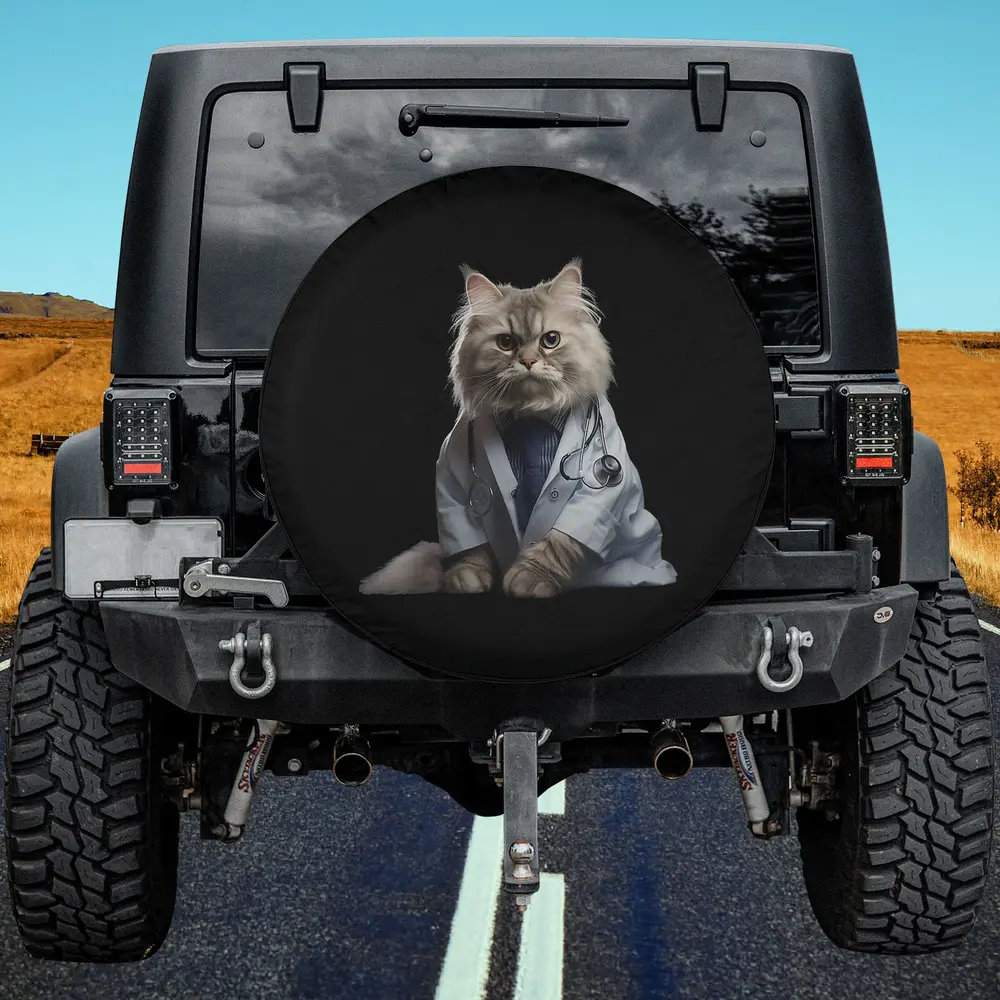 White Fluffy Cat Stethoscope Doctor Spare Tire Cover No Camera Hole